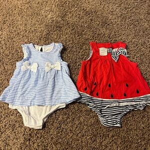 First Impression Set of 2 Dress Rompers Light Blue Striped Watermelon Size 12m